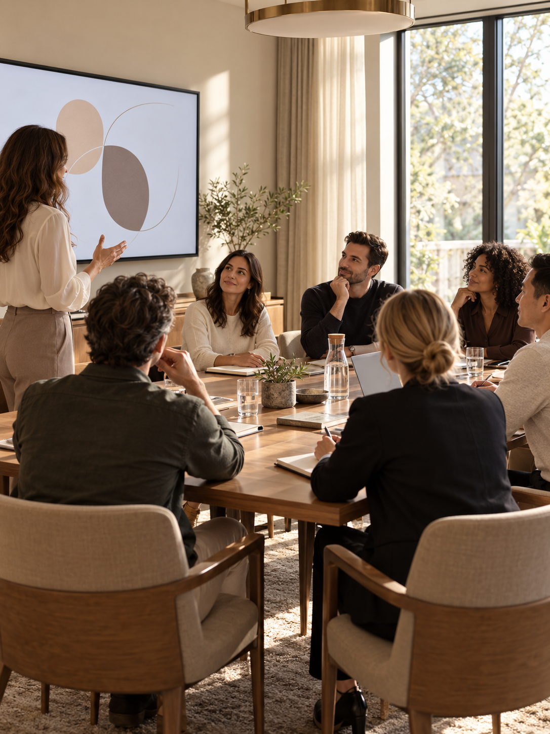 Illustrative corporate training session with a facilitator and participants in a sunlit conference room